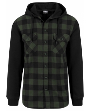 Hooded Checked Flanell Sweat Sleeve Shirt - Urban Classics - Black / Forest / Black